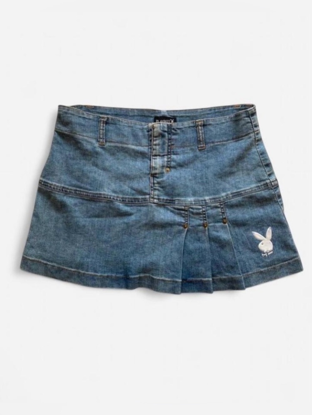 Vintage Y2k Playboy Denim Pleated Mini Skirt with Bunny Logo